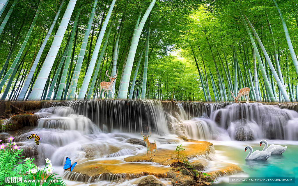 竹林流水生财3d风景背景墙壁画