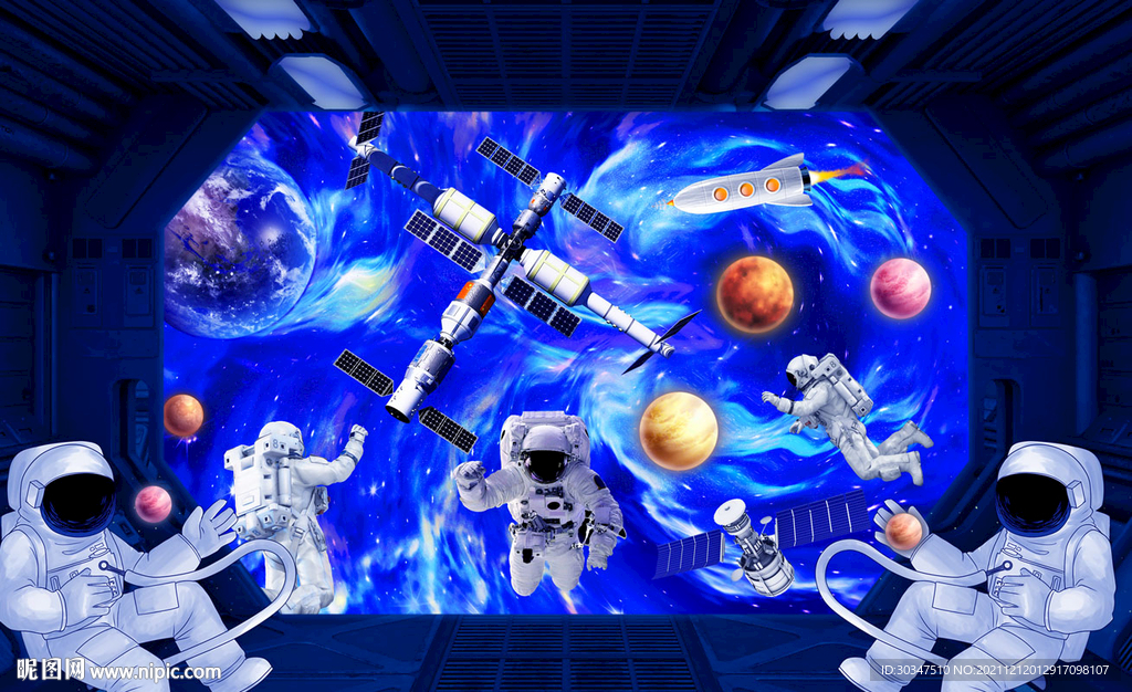 卡通宇航员儿童房背景墙
