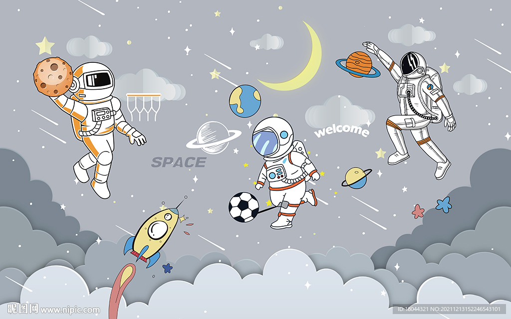 卡通太空人运动会儿童房背景墙