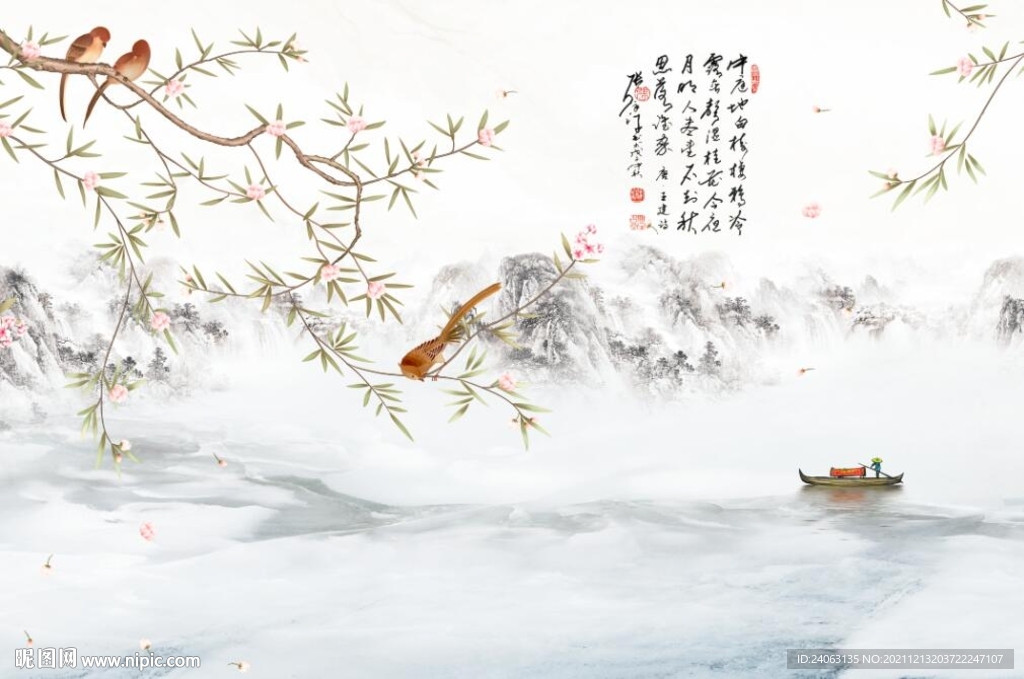 山水国画花卉背景墙