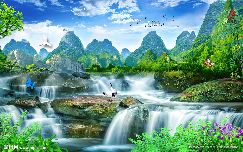 瀑布流水生财中式电视背景墙