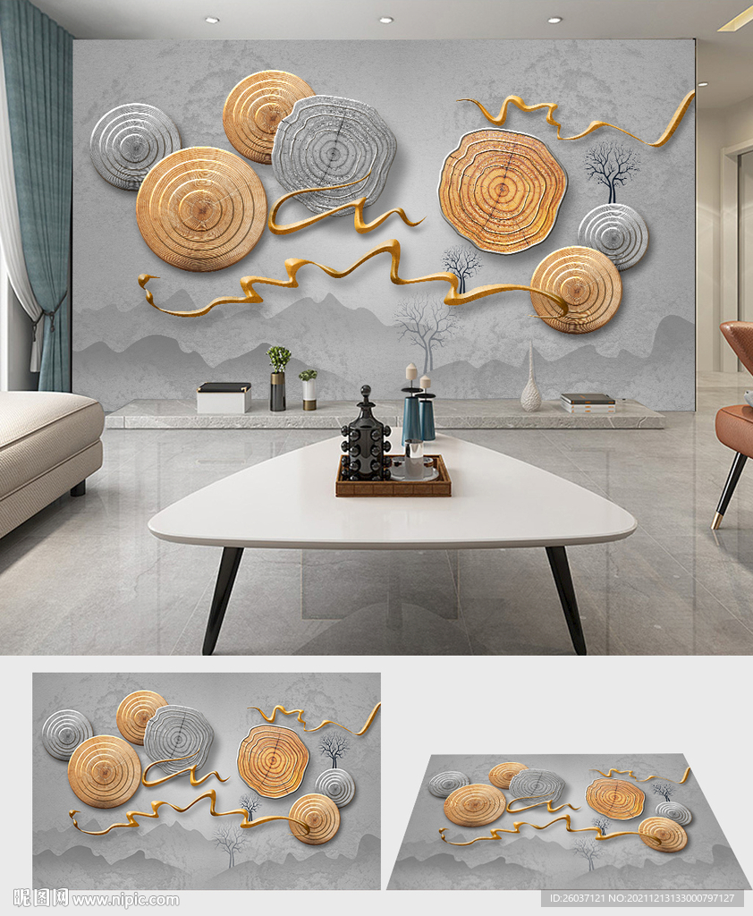 新中式金色年轮立体背景墙