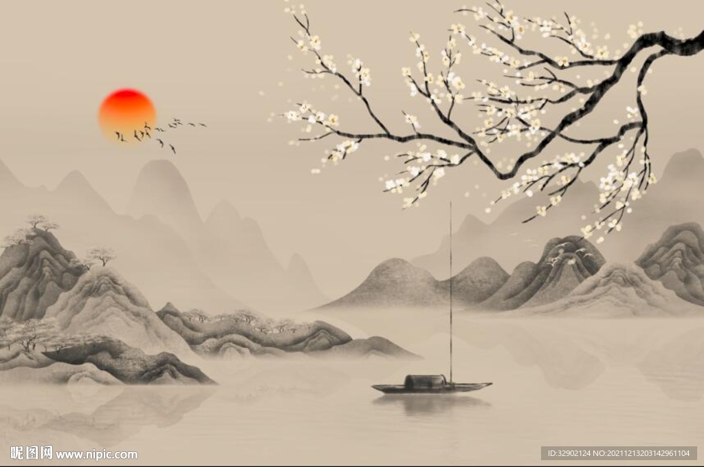 水墨花卉背景墙