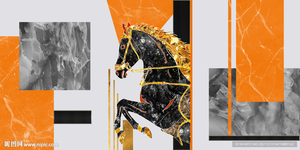 晶瓷画 马 三联画