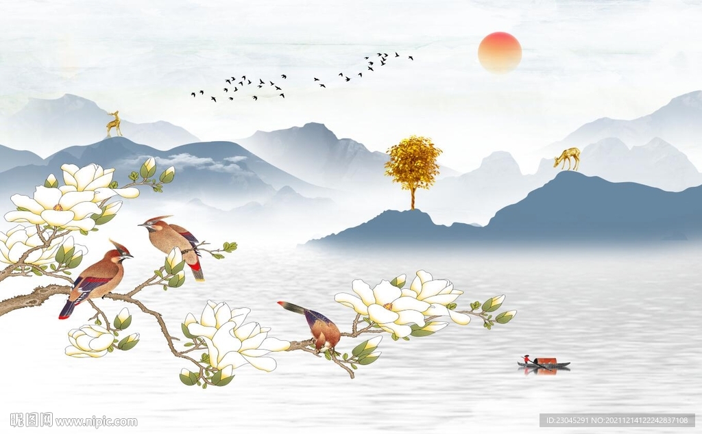 花鸟山水新中式背景墙