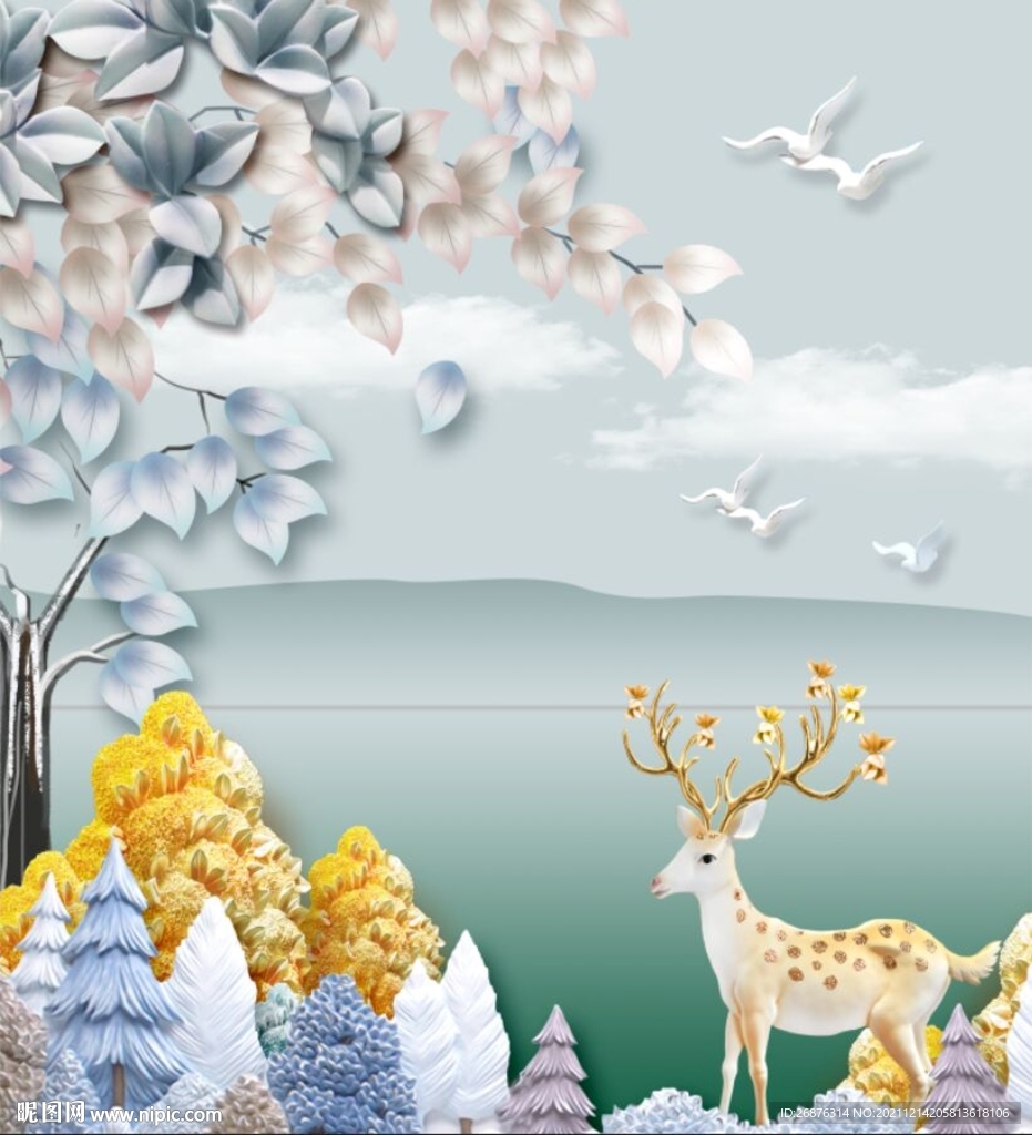 淡雅极简北欧抽象树麋鹿背景墙