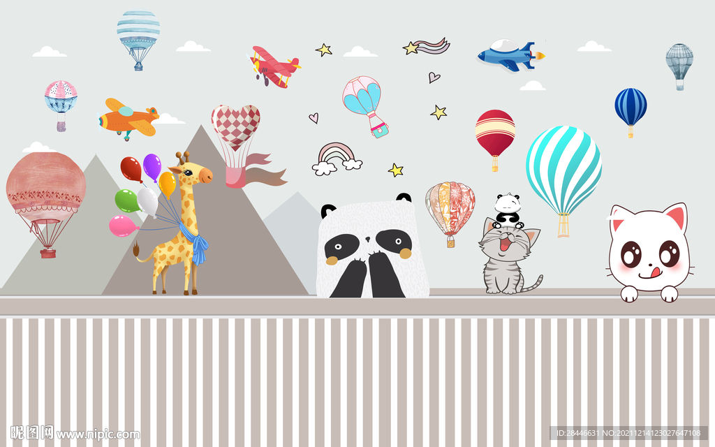 卡通儿童房背景墙北欧