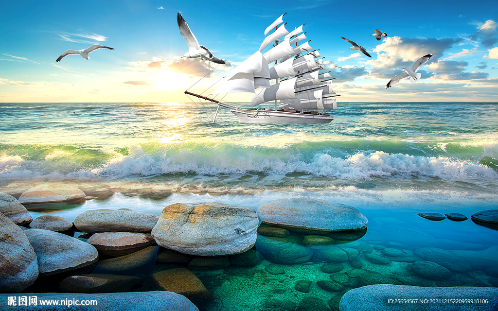 蓝天白云海滩海景3D电视背景墙