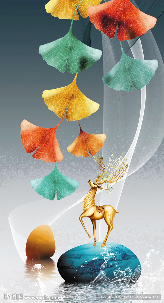 晶瓷画线条抽象画玄关杏叶麋鹿