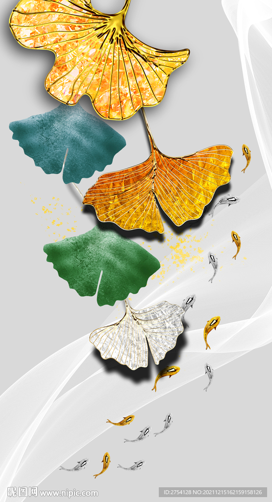 晶瓷画线条抽象画玄关杏叶金鱼