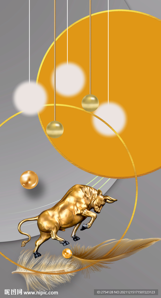 晶瓷画抽象画玄关羽毛金牛