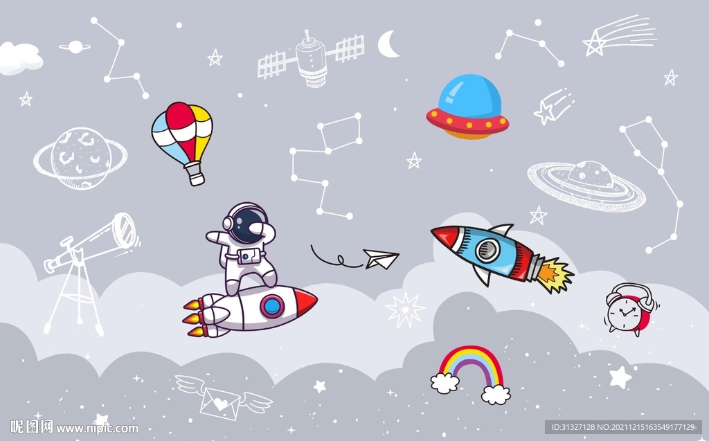 手绘太空宇宙火箭儿童房背景墙