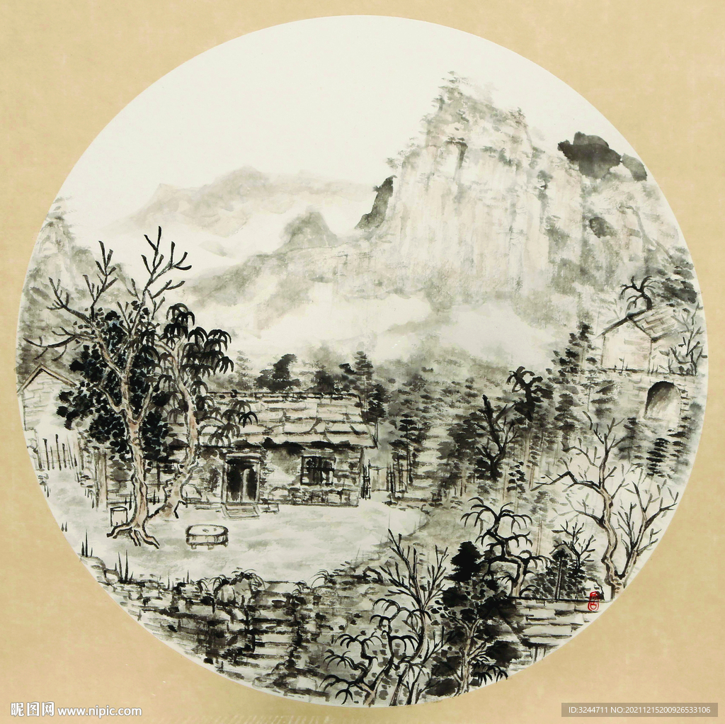 国画山村小院