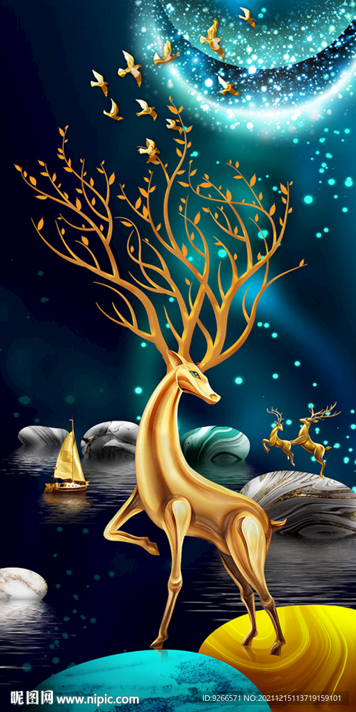 麋鹿山水线条玄关装饰画