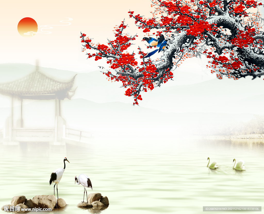 中式手绘水墨梅花背景墙