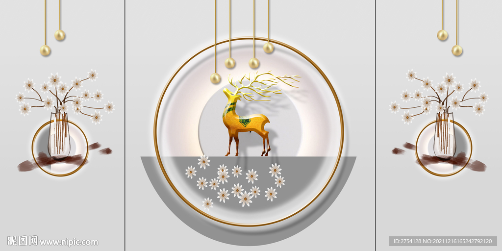 晶瓷画菊花三联画麋鹿圆球