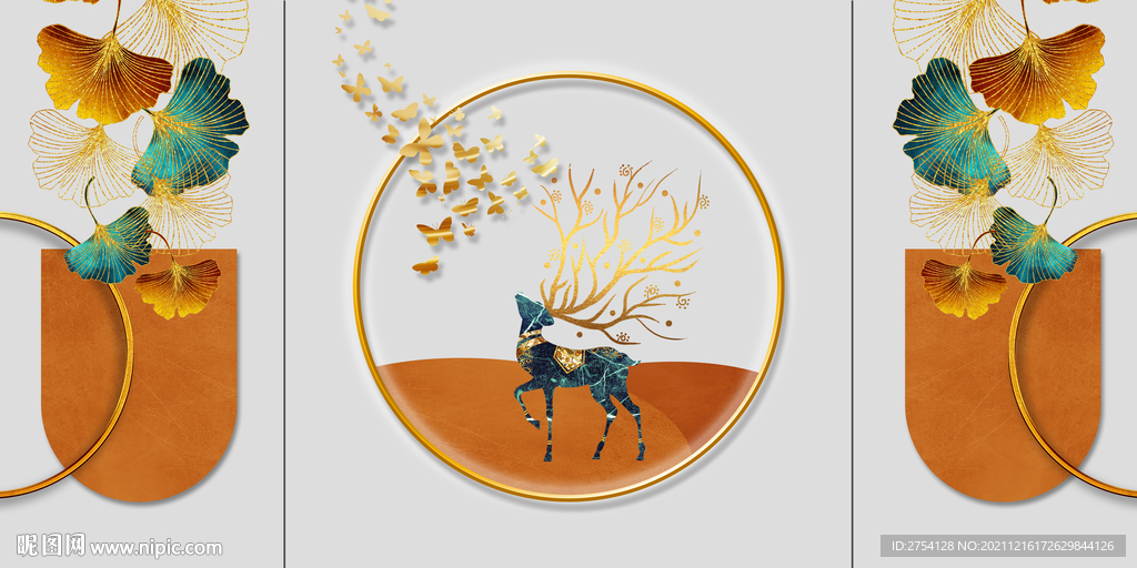 晶瓷画杏叶三联画麋鹿