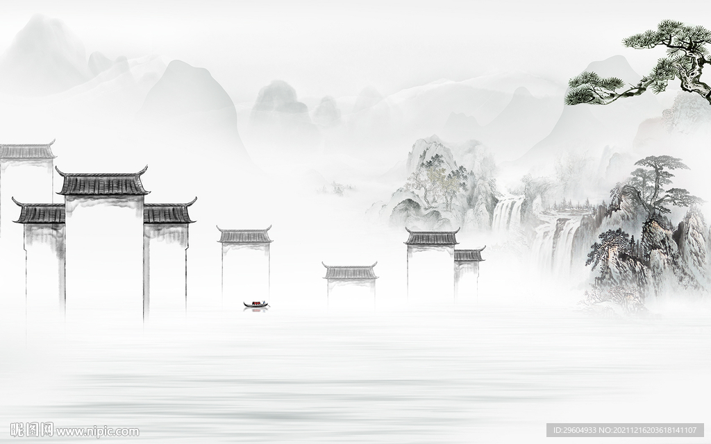 徽派别墅山水背景 tif分层