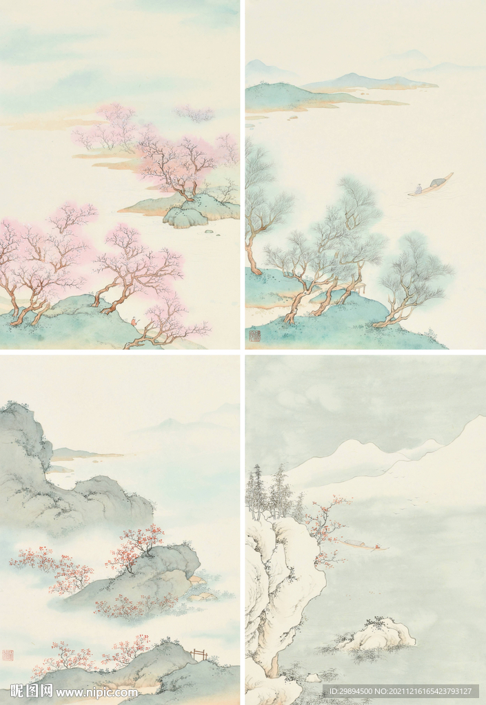 古典山水小四副中式水墨装饰画