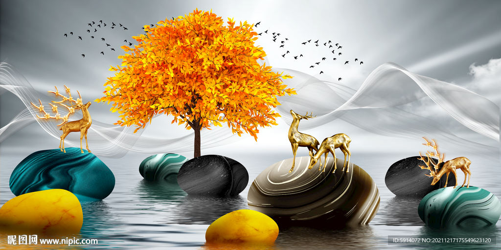 晶瓷画抽象线条山水风景石头麋鹿