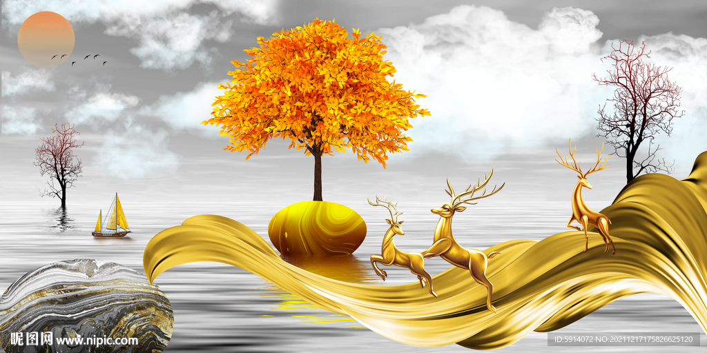 晶瓷画抽象飘带山水风景石头麋鹿