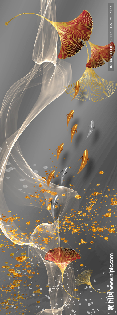 晶瓷画抽象线条金鱼杏叶