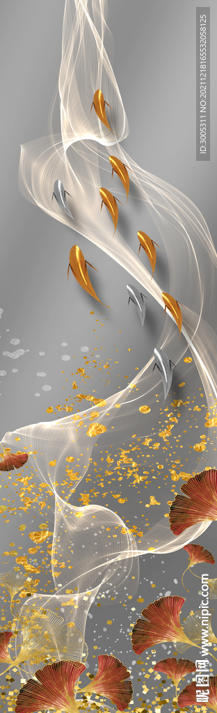 晶瓷画抽象线条金鱼杏叶