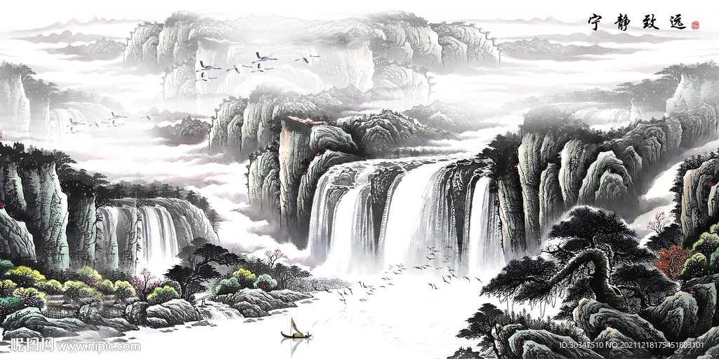 国画宁静致远山水装饰画