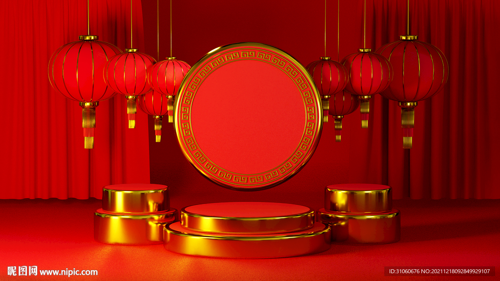 3D渲染大红中国风新春展台