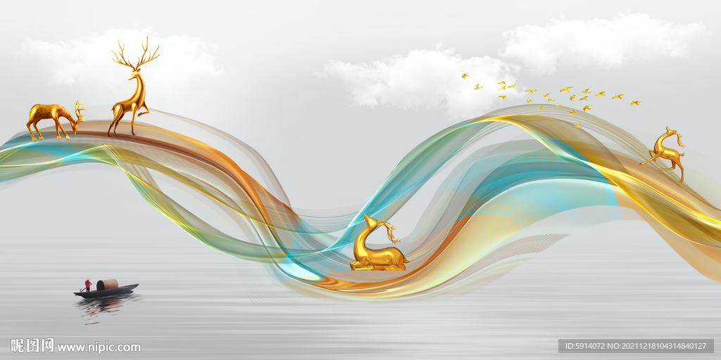 晶瓷画抽象线条山水风景画麋鹿