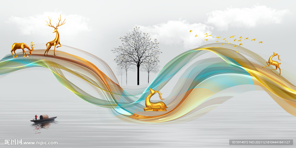 晶瓷画抽象线条山水风景画麋鹿