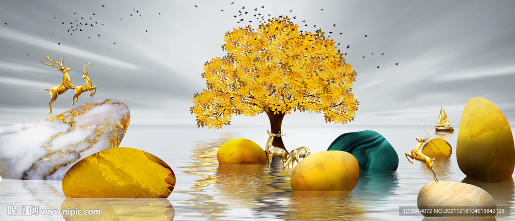 晶瓷画石头山水风景画麋鹿