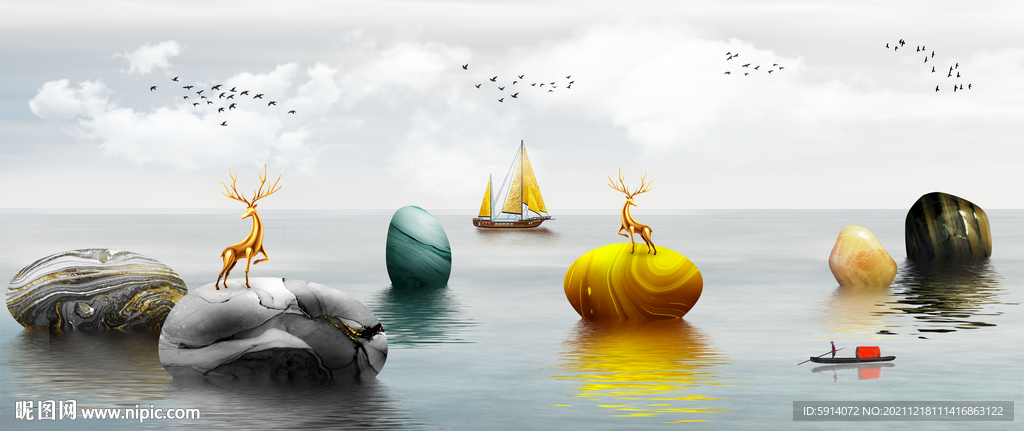 晶瓷画石头山水风景画麋鹿