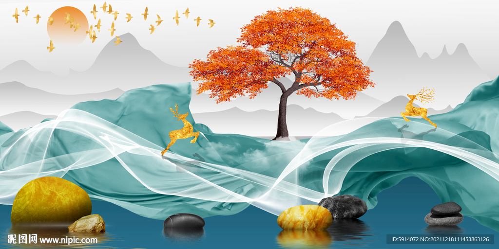 晶瓷画石头山水风景画麋鹿树
