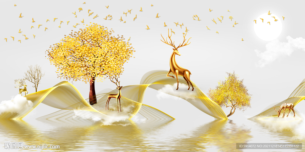 晶瓷画抽象线条山水风景画麋鹿