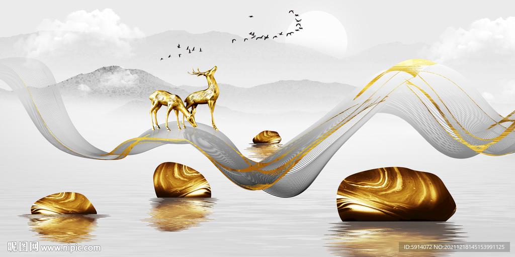 晶瓷画抽象线条山水风景麋鹿石头