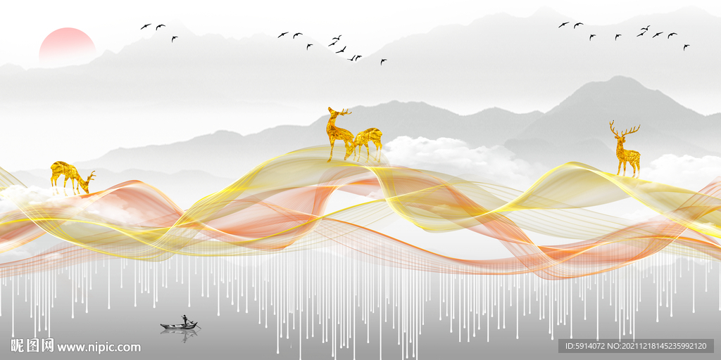 晶瓷画抽象线条山水风景画麋鹿