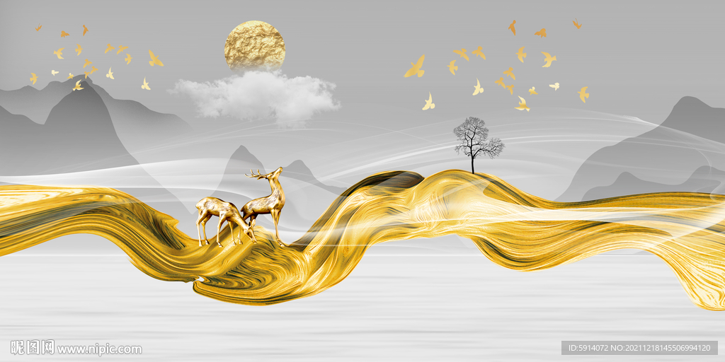 晶瓷画抽象飘带山水风景画麋鹿树