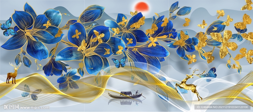 蓝色花蝴蝶麋鹿三联画