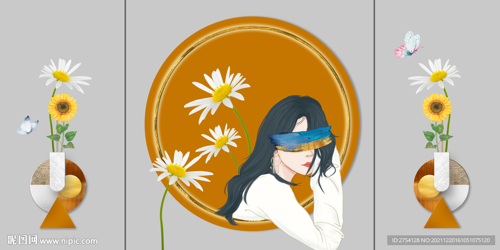 晶瓷画菊花美女