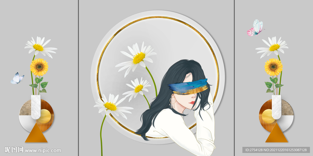 晶瓷画菊花花瓶美女