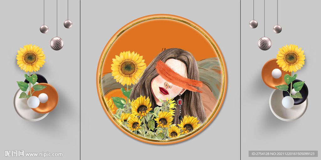 晶瓷画向日葵圆球美女