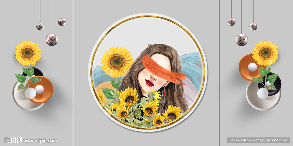 晶瓷画向日葵圆球美女