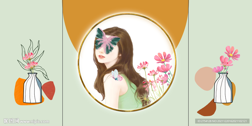 晶瓷画菊花花瓶美女