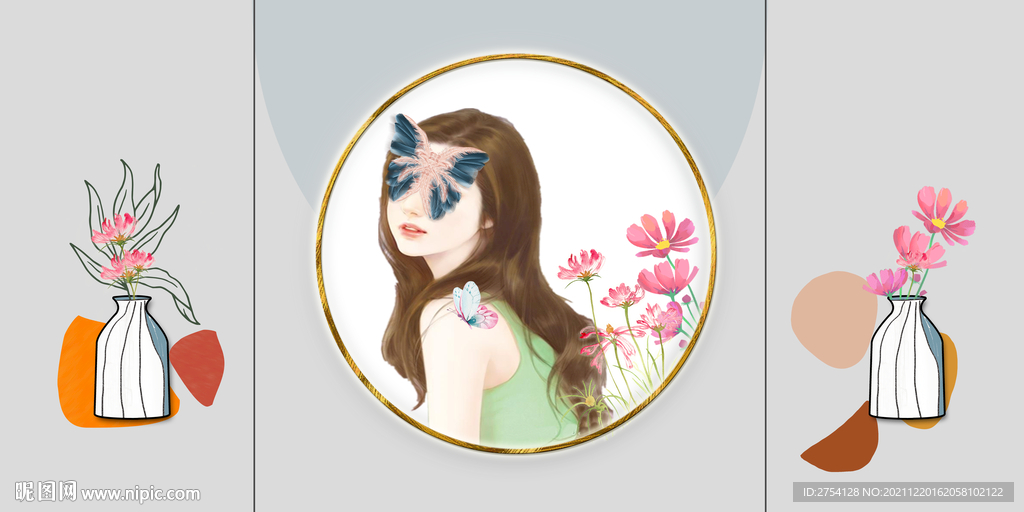 晶瓷画菊花花瓶美女