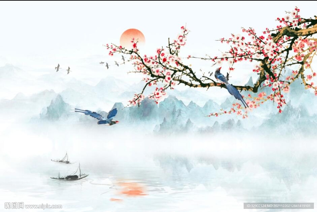 中式花鸟山水背景墙