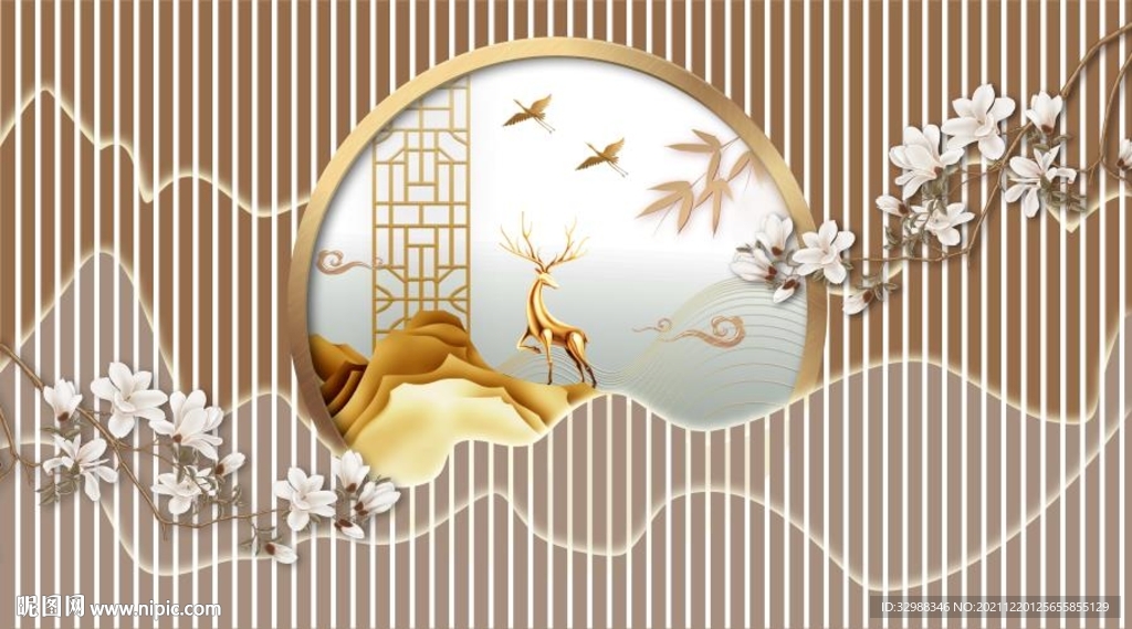 现代手绘新中式工笔花鸟背景墙图