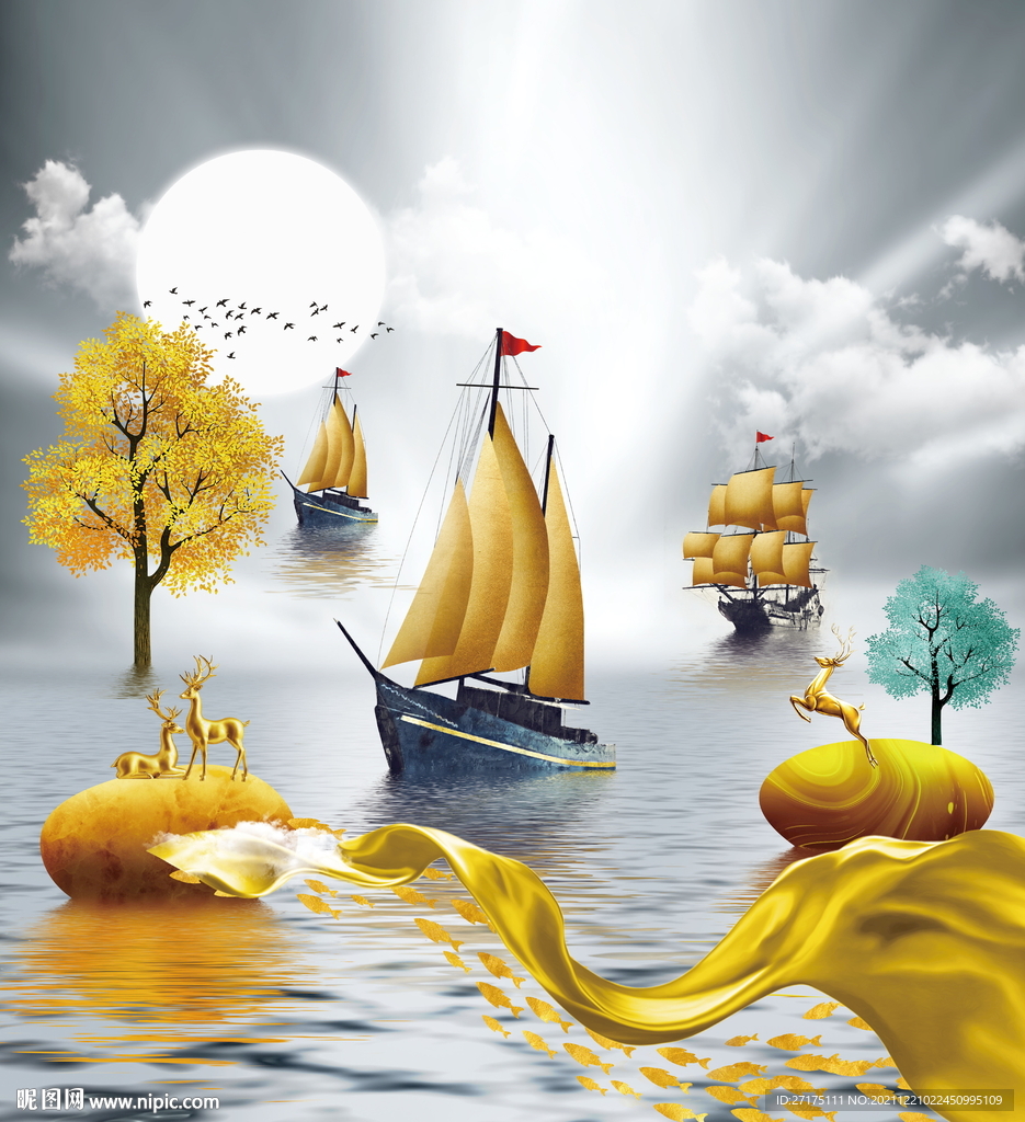 一帆风顺金色麋鹿山水装饰画图片