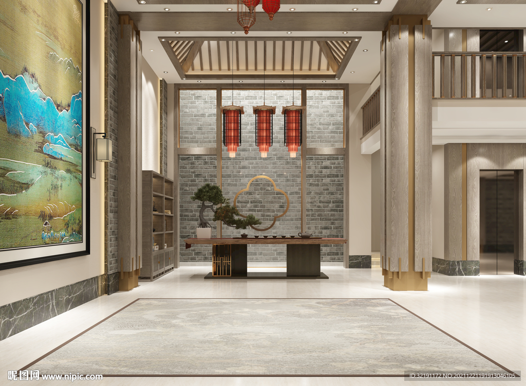 新中式客厅背景墙3D空景