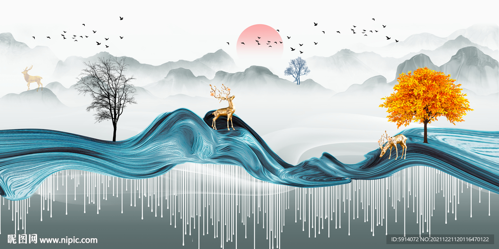 晶瓷画线条抽象画麋鹿